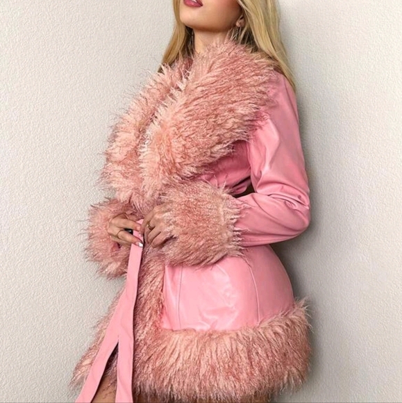 Women's Pink Unicorn Faux Leather Fur Lined WinterCoat - Picture 3 of 5